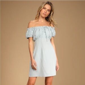Lulus Wisteria Light Blue Embroidered Off-the-Shoulder Mini Dress Size Medium
